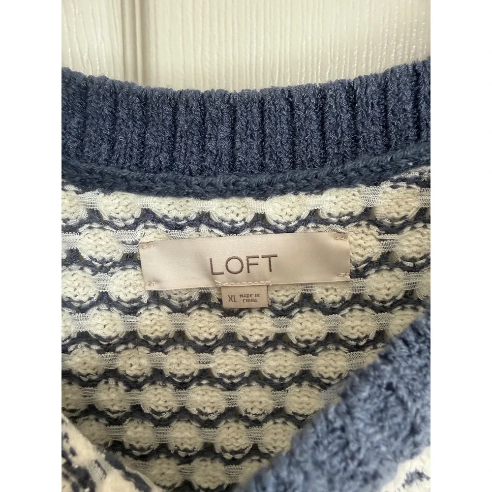 LOFT Blue White Honeycomb Textured Knit Boat Neck Sweater XL 3/4 Sleeve Like New